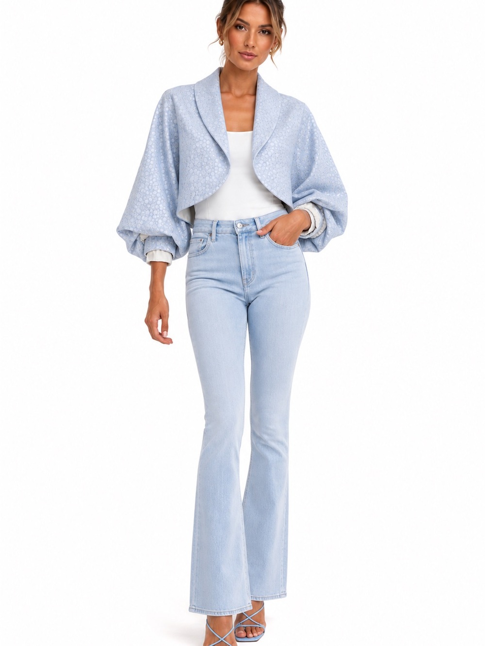 Cropped light blue jacket with polkadot, print circled and metallic